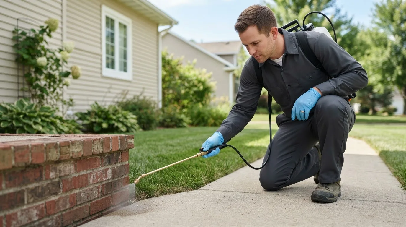 Pest control technician treating a home near North Palm Beach, FL